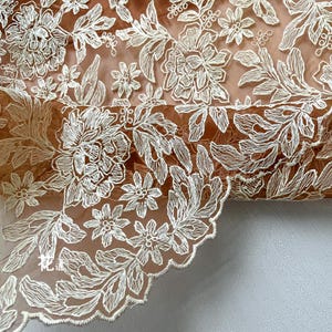 Orange Baumwolle besticktes Spitzennetz, floraler Jacquard-Stoff für Boho-Kleider & Vintage Kopfbedeckungen