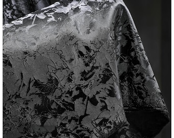 Black Linear Botanic Jacquard Fabric - Textured 3D Embroidery Artistic Textile