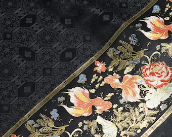 Lotus Gold Brocade, Black Multi-color Hanfu Skirt Fabric
