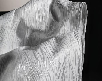 Off-White Textured Jacquard Fabric with Silver Thread - Sculptural Crisscross Weave for Avant-Garde Design
