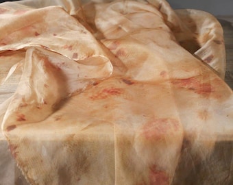 Tangerine Botanical Silk Organza - Hand-Dyed Scarred Leaf Sheer Fabric