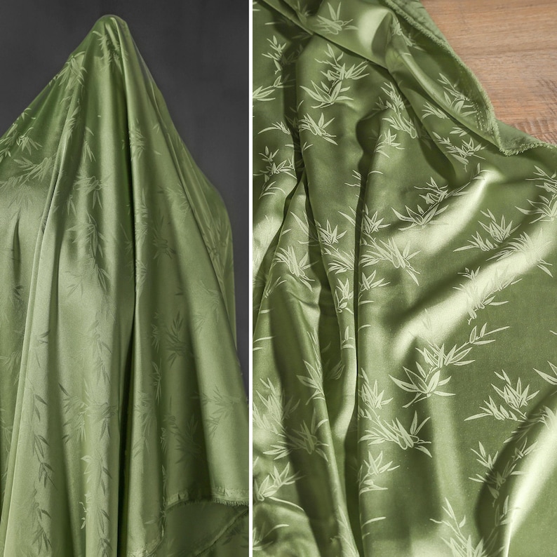 May include: Two images of a green fabric with a bamboo leaf pattern. The fabric is draped over an unseen form in the first image, and the second image shows a close-up of the fabric's texture and design. The fabric has a subtle sheen.