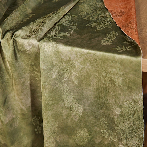 Vintage Green Silk Satin, Double Sided Print with Bamboo Emboss for Draping & Luxury Crafts