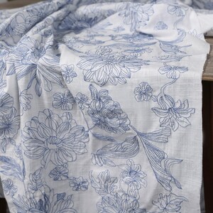 Blue White Blue Willow Embroidery Cotton Linen, French Country Floral Jacquard for Qipao