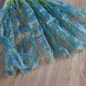 Könnte beinhalten: Nahaufnahme eines Bündels blau-grünen Stoffes mit zerknitterter Textur. Der Stoff scheint durchsichtig und geschichtet zu sein, mit leichtem Glanz. Der Hintergrund ist eine hellbraune Holzoberfläche.