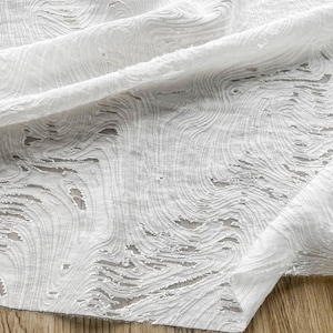 White Wave Cutwork Jacquard Rayon Fabric, Sheer Distressed Texture Mesh Design Fabric