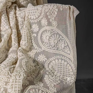 Puede incluir: Primer plano de una tela de encaje blanquecina con intrincados diseños florales y de cachemira. El delicado textil está drapeado, mostrando el detallado bordado y el tejido abierto. El encaje se utiliza probablemente para cortinas o fines decorativos.