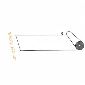 May include: A roll of white fabric with a black outline, partially unrolled, with a pair of scissors cutting the fabric. The width of the fabric is 140 cm.