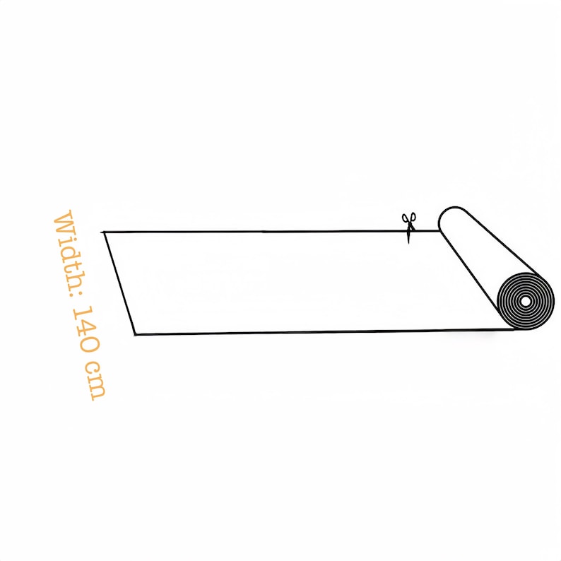 May include: A roll of white fabric with a black outline, partially unrolled, with a pair of scissors cutting the fabric. The width of the fabric is 140 cm.
