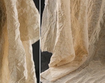 Beige Crinkle Gauze Fabric - Linen Cotton Blend for Resort Dress