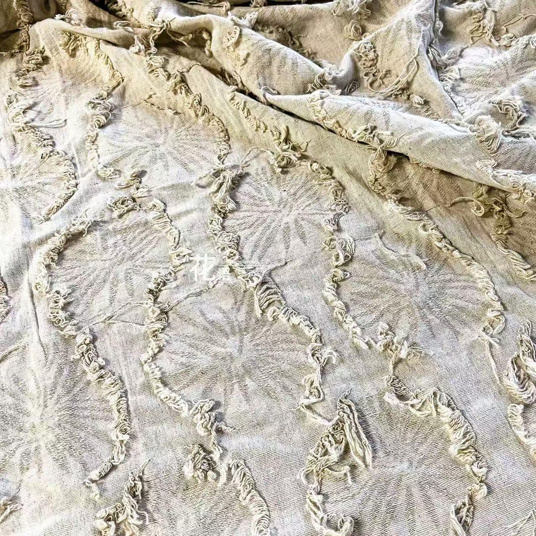 Natural White Fringe Cotton Linen Fabric, 3D Jacquard Cutwork Design ...