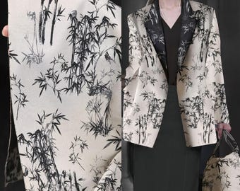 Tela jacquard de bambú color albaricoque y negro - Tela con estampado botánico chino