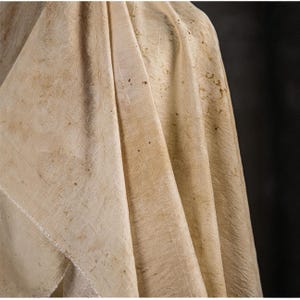 May include: Close-up of a beige fabric with a textured, wrinkled surface. The fabric has a natural, organic appearance with subtle variations in color and small dark spots. The folds and draping create shadows.