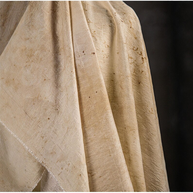 May include: Close-up of a beige fabric with a textured, wrinkled surface. The fabric has a natural, organic appearance with subtle variations in color and small dark spots. The folds and draping create shadows.
