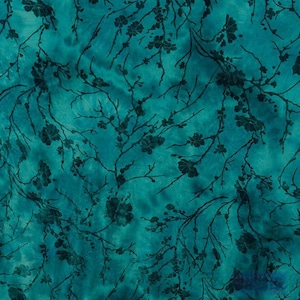 May include: Teal fabric with a floral pattern. Dark gray branches and flowers are scattered across the teal background. The fabric has a watercolor effect, with lighter and darker shades of teal creating a textured appearance.