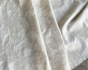 White Cotton Linen Floral Jacquard Fabric, Linen Tone-on-Tone Structural Design