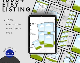 May include: A digital product mockup featuring multiple tablet screens with product listing templates. The image includes the text "1600+ Etsy Listing," "100% compatible with Canva," and "Instant Download." The templates have a clean, modern design with space for product images and descriptions.