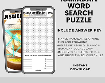 May include: Two smartphones displaying a Ramadan word search puzzle. The puzzle includes an answer key and is designed to help kids build Islamic vocabulary and improve spelling. The text says "Instant Download" and "Easy to print and use anytime."