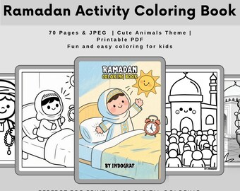 May include: A digital Ramadan Activity Coloring Book with a cute animals theme. The cover features a cartoon illustration of a child waking up, with a sun and a red alarm clock. The book is designed for fun and easy coloring for kids.