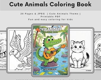 May include: A digital coloring book titled "Cute Animals Coloring Book" with a green alligator playing a guitar on the cover. The book includes 20 pages and is designed for kids. The cover also features a white cat and an eagle.