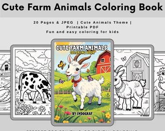 May include: A digital coloring book titled "Cute Farm Animals Coloring Book" with a goat on the cover. The cover art features a goat with a red ribbon, butterflies, and a red barn. The book is designed for kids and is available as a printable PDF.