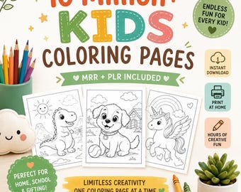 May include: A digital product advertisement titled 10 Million+ Kids Coloring Pages featuring three black and white line art illustrations of a dinosaur, a puppy, and a unicorn. The graphic includes text, icons for instant download, printing, and creative fun, alongside colored pencils and a small succulent plant.