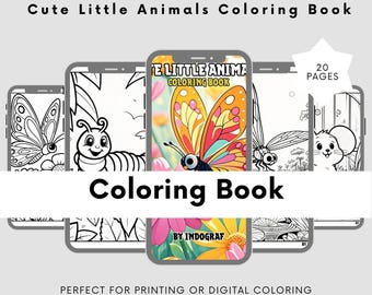 May include: A digital coloring book titled "Cute Little Animals Coloring Book" with 20 pages. The cover features a colorful butterfly illustration. The book is designed for printing or digital coloring.