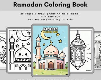 May include: A Ramadan Coloring Book with a cute animals theme. The cover features a cartoon mosque with a crescent moon and stars. The book includes 20 pages and is a printable PDF for kids.