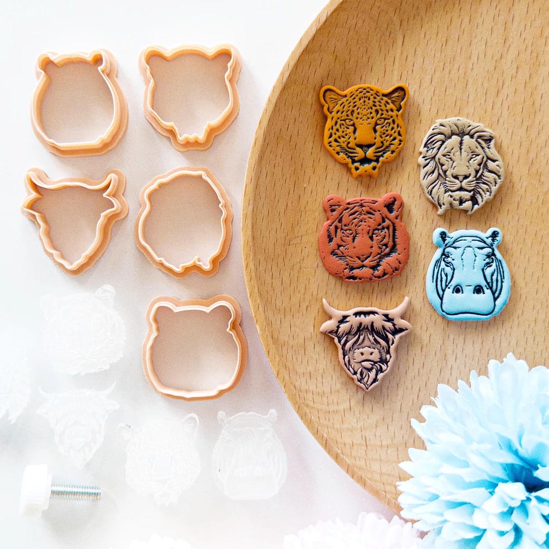 Safari Animal Head Clay Cutter and Stamp Set, Lion Tiger Leopard Hippo ...