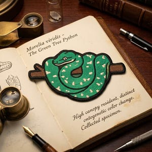 K&ouml;nnte beinhalten: Ein gr&uuml;ner, gestickter Aufn&auml;her eines Gr&uuml;nen Baumpythons, der sich um einen braunen Ast windet, mit dem Text "Morelia viridis - The Green Tree Python". Der Aufn&auml;her befindet sich auf einem offenen Buch mit wissenschaftlichen Illustrationen und Text.