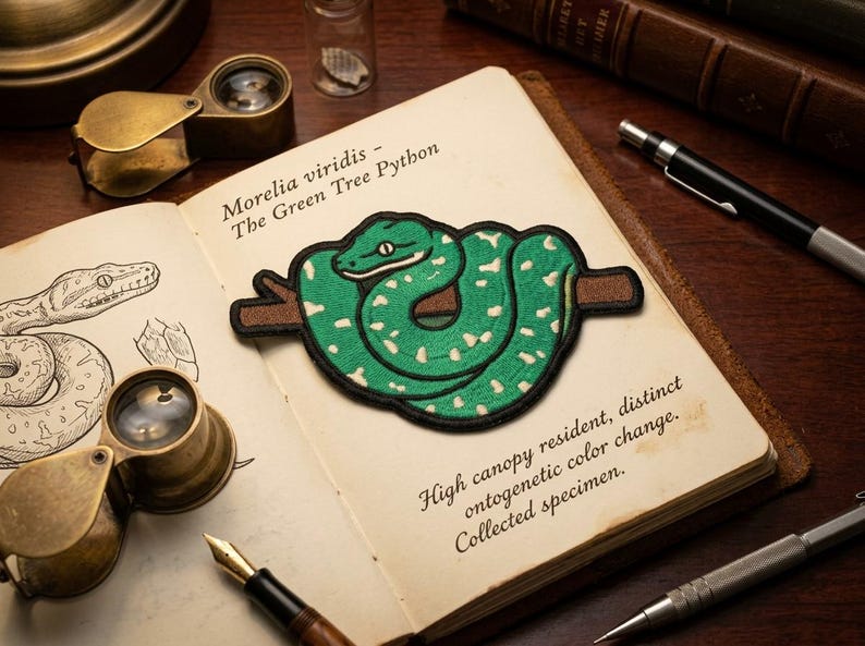 K&ouml;nnte beinhalten: Ein gr&uuml;ner, gestickter Aufn&auml;her eines Gr&uuml;nen Baumpythons, der sich um einen braunen Ast windet, mit dem Text "Morelia viridis - The Green Tree Python". Der Aufn&auml;her befindet sich auf einem offenen Buch mit wissenschaftlichen Illustrationen und Text.