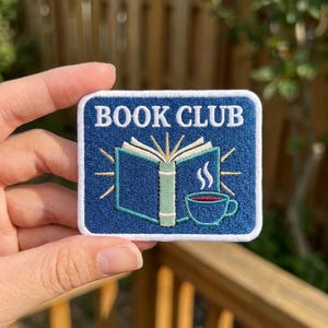 Book Club Patch, Vintage Bookworm Iron On Patch, Retro Cozy Library Badge, Coffee Tea Reader Gift, Cute Tote Bag Decor