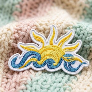 Sun and Waves Patch, Celestial Ocean Iron On Patch, Retro Sunrise Badge, Vintage Beach Jacket Decor, Nature Gift