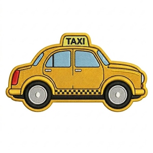 May include: Yellow taxi cab patch with black tires, a checkered pattern, and the word "TAXI" on top. The windows are light blue. The patch is an embroidered design.