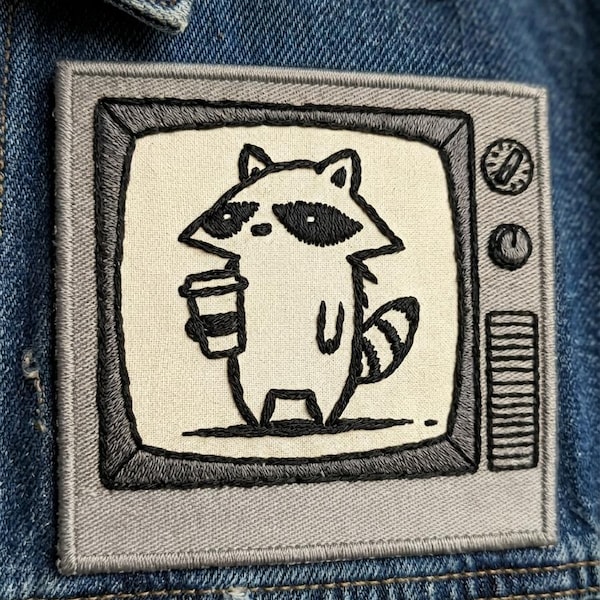 Retro TV Raccoon Coffee Patch, Funny Trash Panda Iron On Badge, Minimalist Animal Applique, Coffee Lover Gift, Aesthetic Denim Jacket Decor