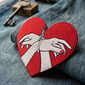 May include: Embroidered red heart patch with white hands holding a pencil. The patch has a black outline and is on a denim background. The hands have red nail polish. A vintage key and spool of thread are in the background.