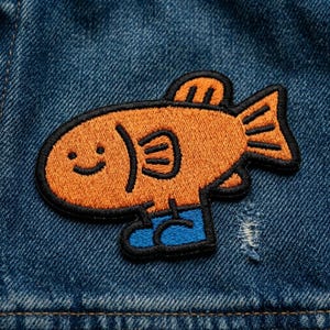 May include: Embroidered orange fish patch with a smiling face, black outline, and blue boots. The patch is sewn onto a blue denim fabric, adding a playful touch to apparel or accessories.