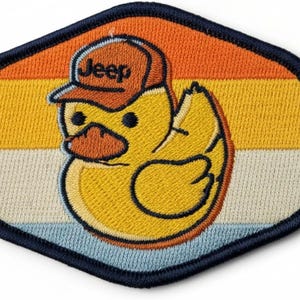 Jeep Ducking Embroidered Patch, Retro Rubber Duck in Jeep Hat Badge, Off-Road Adventure Iron On Decal, Jeep Owner Gift, Sunset Duck