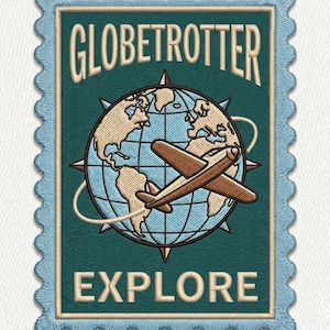 May include: Embroidered patch with a teal background and a light blue scalloped border. The design features a globe with a brown airplane, a compass, and the words "GLOBETROTTER" and "EXPLORE" in a vintage style.