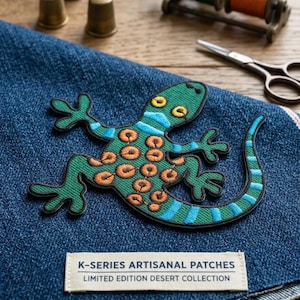 May include: A green and orange embroidered lizard patch on blue denim. The patch features a detailed design with blue stripes and orange spots. The text on the label reads "K-SERIES ARTISANAL PATCHES LIMITED EDITION DESERT COLLECTION."