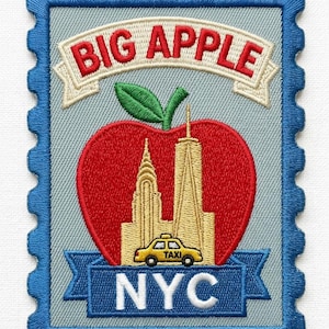 May include: Embroidered patch featuring a red apple with the NYC skyline and a yellow taxi. The words "BIG APPLE" arch above the apple, and "NYC" is displayed on a blue banner. The patch has a blue scalloped border.