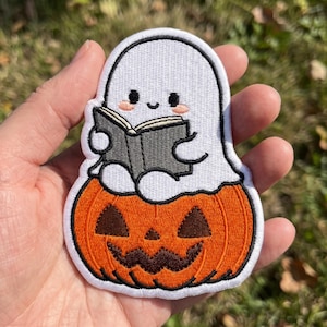 Bookish Ghost Halloween Patch, Cute Reading Pumpkin Iron On Patch, Retro Spooky Bookworm Badge, Library Jacket Decor