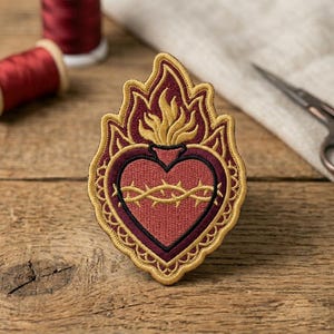 May include: Embroidered patch featuring a heart pierced by a crown of thorns, surrounded by flames. The patch is red, gold, and black, with intricate detailing. A spool of red thread and scissors are in the background.