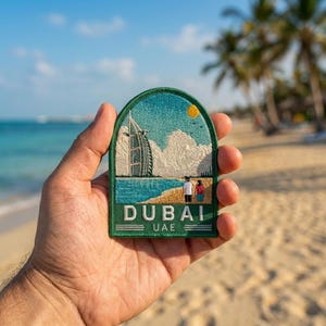 May include: An embroidered patch with a green border featuring a scene of the Burj Al Arab in Dubai, UAE. The design includes a blue ocean, white clouds, a yellow sun, and two figures standing on a sandy beach. The text DUBAI and UAE is stitched.