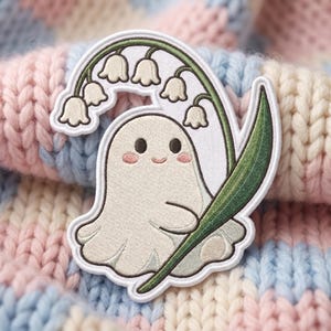 Lily of the Valley Ghost Patch, Cute Floral Iron On Patch, Retro Spooky Flower Badge, Cottagecore Ghost Jacket Decor