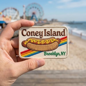 Coney Island Patch, Vintage Brooklyn NY Iron On Patch, Retro Hotdog Rainbow Badge, New York Travel Souvenir Jacket Decor
