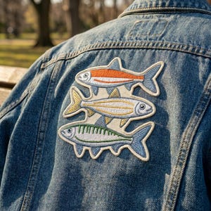 May include: A blue denim jacket featuring an embroidered patch on the back. The patch displays three stacked fish in orange, yellow, and green with blue accents, all outlined in cream thread against a light fabric background on the denim.