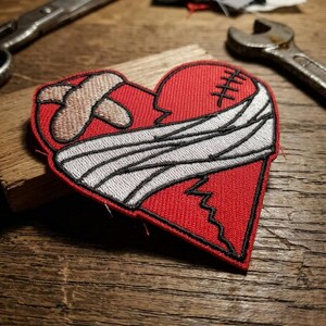 Bandaged Broken Heart Embroidered Patch, Red Heart Iron On, Emotional Grunge Applique for Jackets, Heartbreak Gift, Edgy Aesthetic DIY Decor