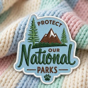 May include: An embroidered patch with a light blue background featuring a brown mountain with a white peak, two green pine trees, and a green paw print. The text reads PROTECT OUR National PARKS in brown and dark green stitched lettering.