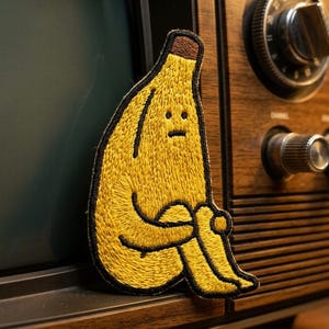 May include: Embroidered yellow banana patch with a sad face, outlined in black. The patch is sitting on a vintage wooden television set. The banana is in a seated position, with its arms wrapped around its knees.